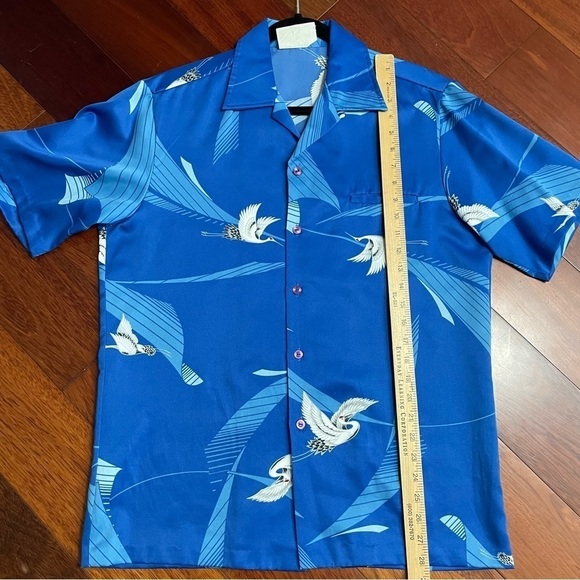 Vintage Mark Raysten Malihini Hawaiian Aloha Shirt Asian Crane Blue *see msrmts - Picture 8 of 10